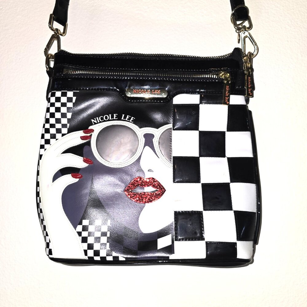 Nicole Lee USA Pop Art Crossbody Bag- B/W Checkered "Sunglasses Girl"